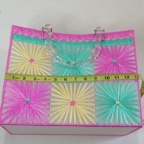 Raffia Ribbon Plastic Canvas Tote Bag With Handles Spring/Summer Floral Design - Picture 9 of 10